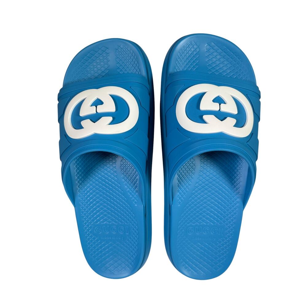 NIB Gucci Rubber Slide Sandals Blue with White GG Logo UK8 US8.5 - Picture 2 of 9